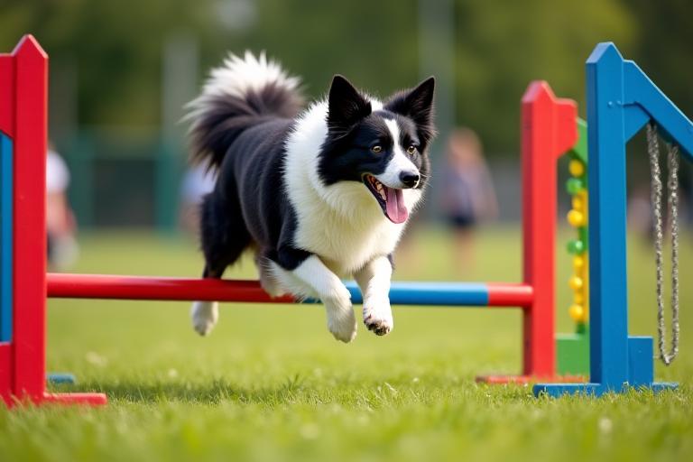 Chien border collie en plein parcours d'agilité canine