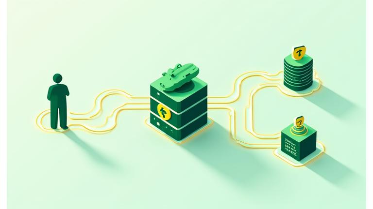 Diagrama de flujo estilizado que muestra la recopilación, procesamiento y protección de datos, con íconos que representan al usuario, Cocodrilo Coach y servidores seguros.
