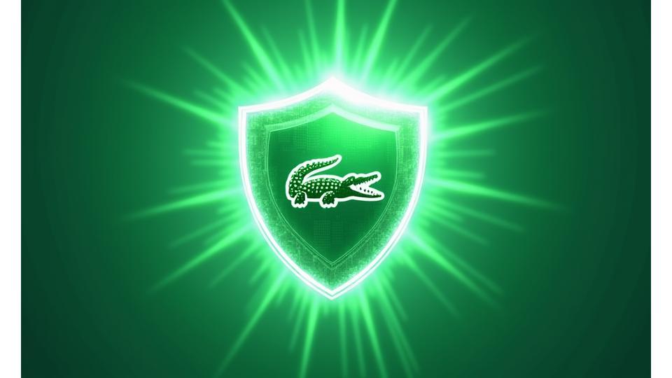 Un escudo estilizado representando la protección de datos con un cocodrilo discreto integrado en el diseño, rodeado de elementos de seguridad cibernética.