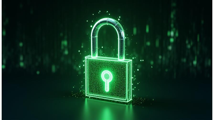 Un candado digital vibrante con circuitos entrelazados que forman un cocodrilo sutil, simbolizando la seguridad multicapa de la información.