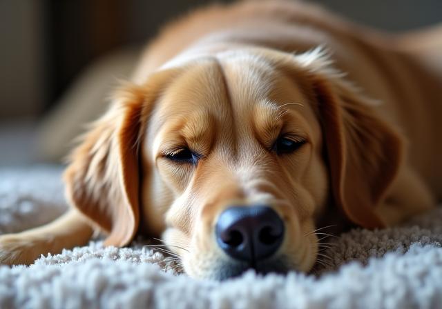 Un chien golden retriever âgé se reposant tranquillement