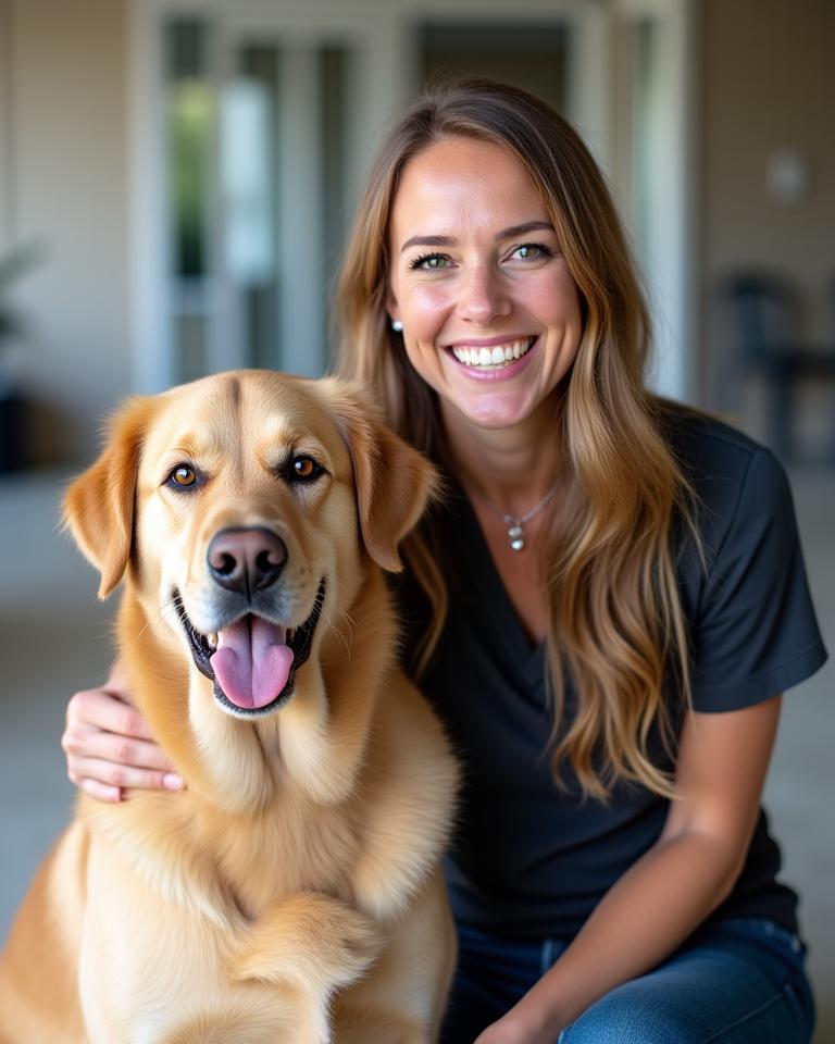 Portrait d'une éducatrice canine professionnelle souriante avec un chien