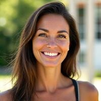 Foto de Ana G. después de su transformación, con datos metabólicos optimizados superpuestos.