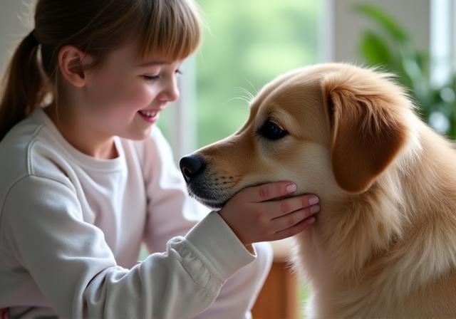 Enfant caressant gentiment un chien sous la surveillance d'un adulte