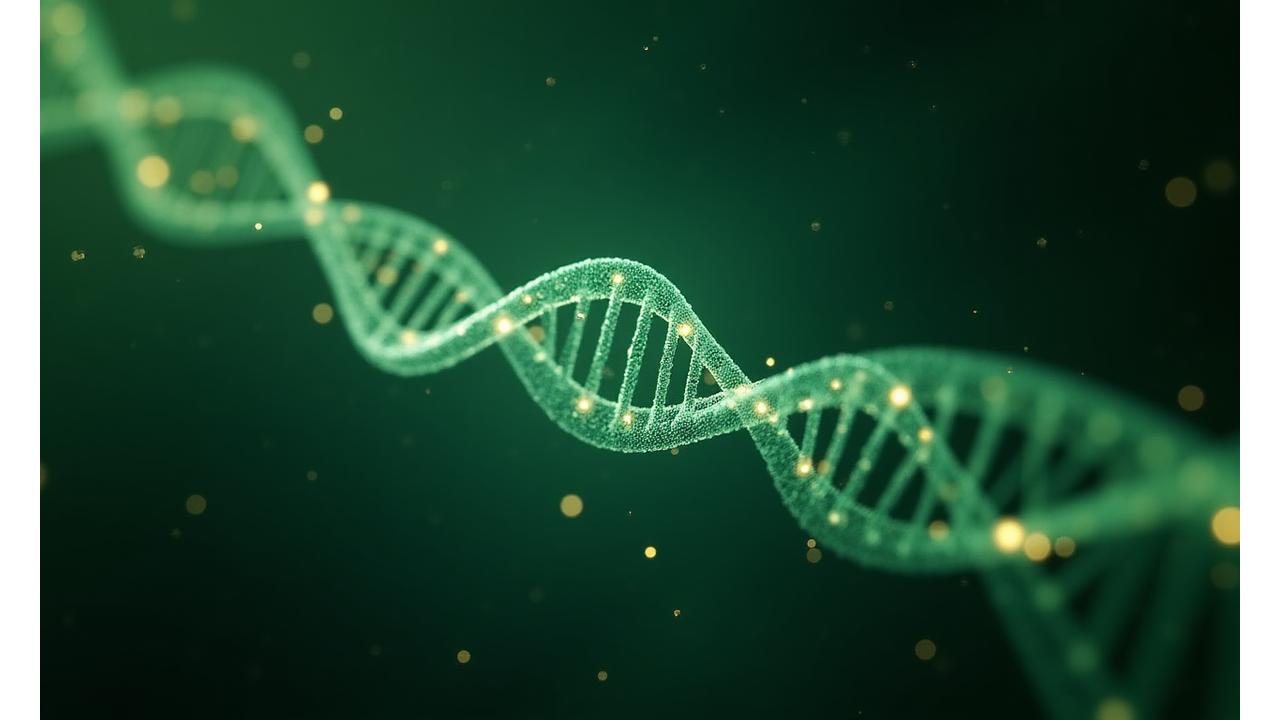 Representación de la doble hélice de ADN con puntos de luz y datos flotantes, simbolizando la nutrición genética y el análisis de datos.