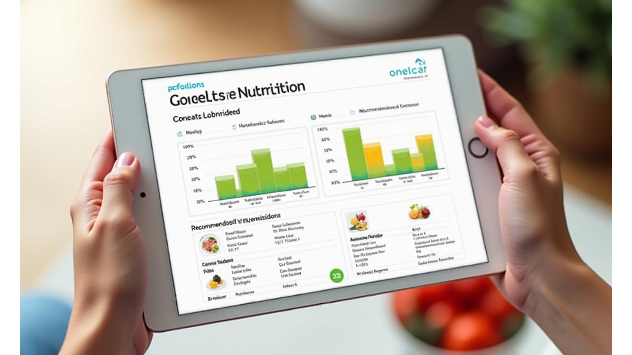 Muestra interactiva de un informe genético nutricional, con gráficos de macronutrientes y secciones de alimentos recomendados destacado.