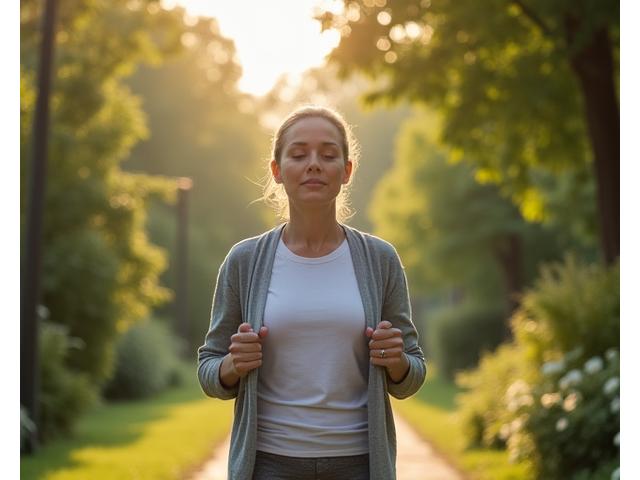 Mujer activa disfrutando de una caminata en un parque tranquilo, simbolizando bienestar y equilibrio