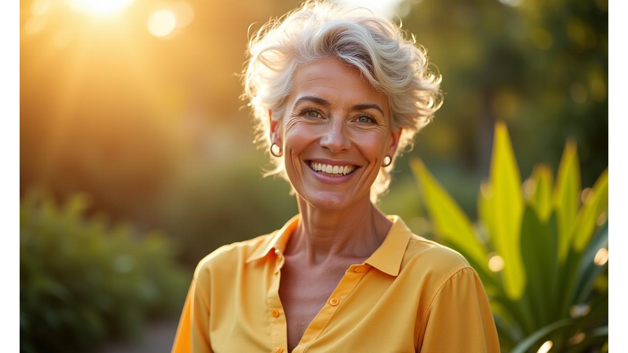 Mujer madura sonriendo con vitalidad rodeada de naturaleza, simbolizando una nueva etapa de bienestar