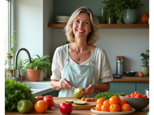Mujer sonriente preparando una comida saludable en una cocina moderna con ingredientes frescos de Guadalajara