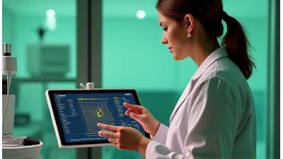 Dietista usando equipo de bioimpedancia y analizando resultados en una tablet con gráficos de datos metabólicos.