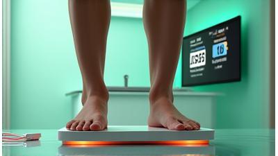 Persona de pie en una báscula de bioimpedancia segmentaria mientras una nutricionista revisa un gráfico detallado de porcentaje de grasa y músculo en una computadora.