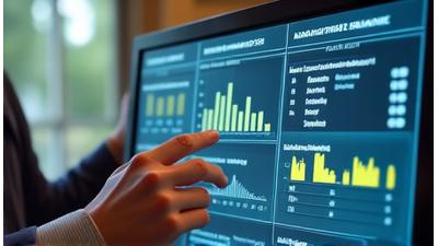 Pantalla de computadora mostrando un software complejo con algoritmos nutricionales, gráficos de micronutrientes y macronutrientes y un plan alimenticio personalizado generado. Manos de un dietista apuntando a la pantalla.