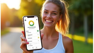 Persona activa revisando una aplicación de seguimiento nutricional en su smartphone, con gráficos de progreso y mensajes de soporte de un coach. Cocodrilo Coach logo visible en la app.