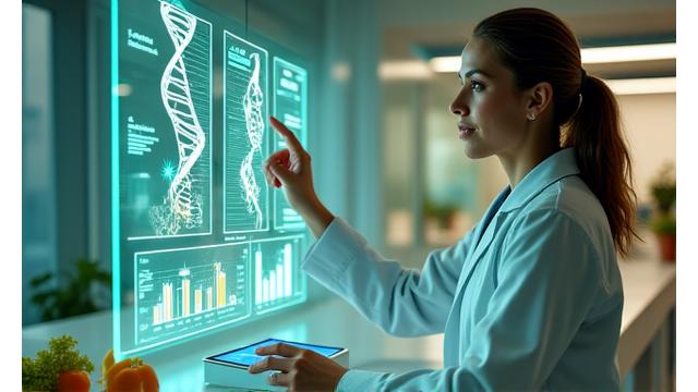 Científica analizando datos metabólicos con modernas pantallas holográficas que muestran el ADN y valores nutricionales.
