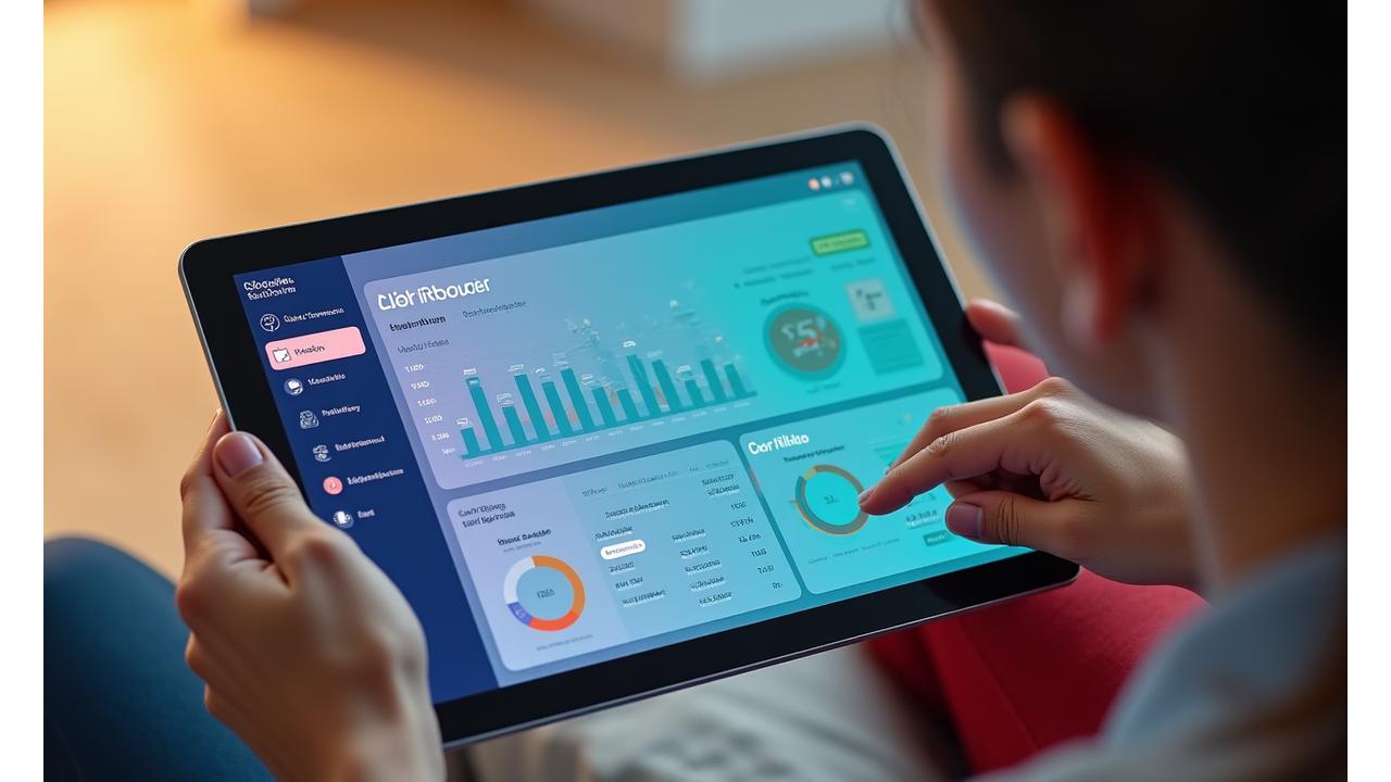 Representación de un dashboard digital de control calórico en una tablet, mostrando gráficos y datos de seguimiento.
