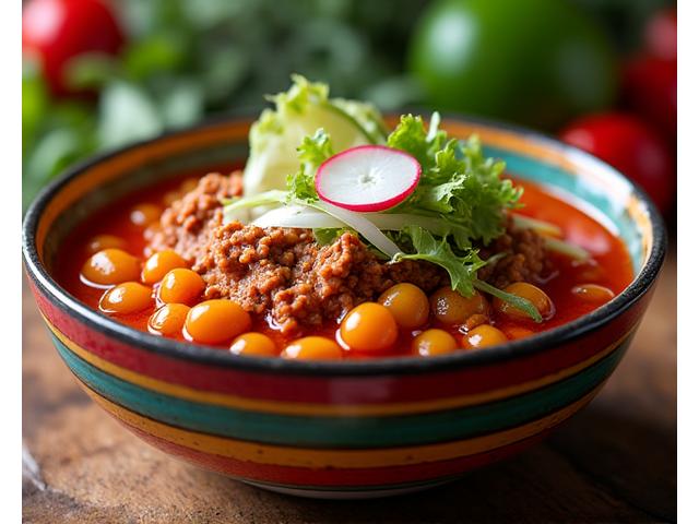 Tazón de pozole rojo, un guiso tradicional mexicano.