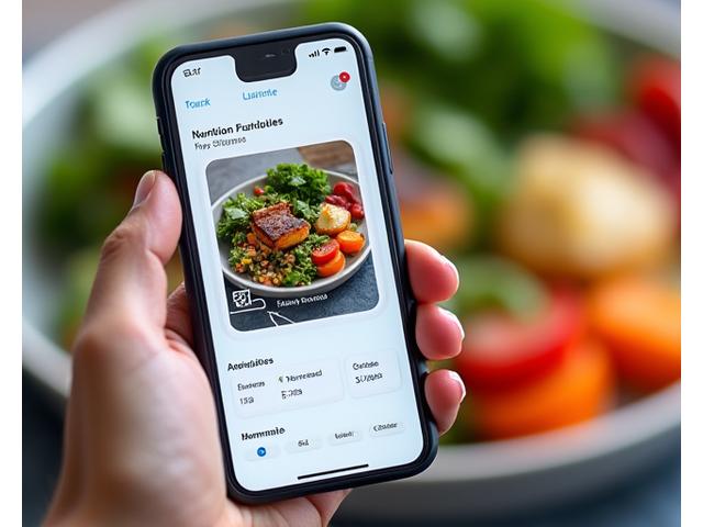 Captura de pantalla de una aplicación de nutrición en un smartphone, mostrando un escáner de alimentos y un registro diario de comidas.