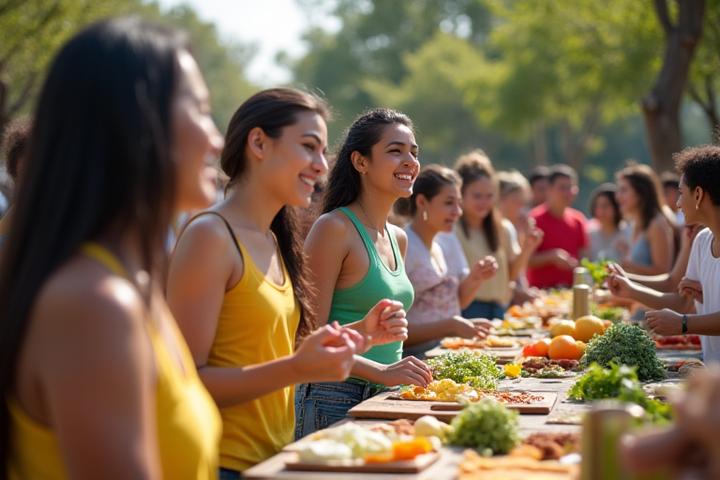 Grupo diverso de personas sonriendo y participando en un taller de nutrición comunitaria en Guadalajara.