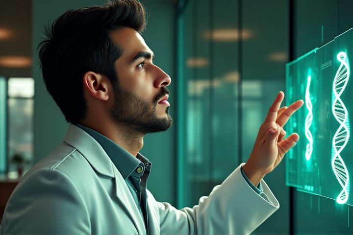 José Manuel Ramírez, fundador de Cocodrilo Coach, con un microscopio y un gráfico de ADN, simbolizando la ciencia detrás del Método Cocodrilo.